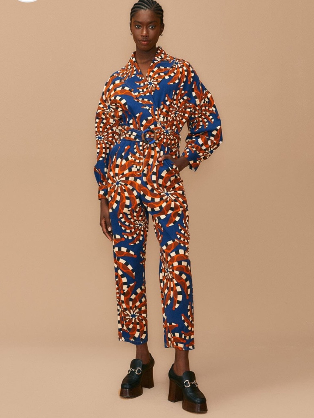 NWT Farm Rio Retro Spiral Print Blue Bandana Belted Jumpsuit in Navy & Rust - Picture 3 of 14